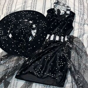 Girls Black & Silver Star Witch Costume Set – Size Medium – Dress, Hat & Tights